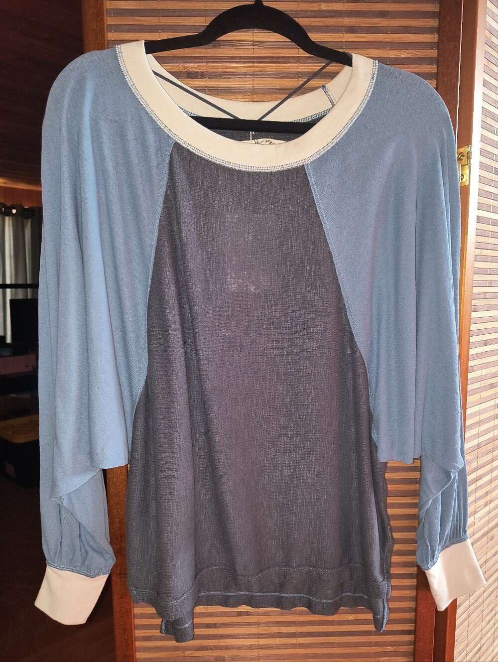 Free People Game Time Two-Tone Raglan Sleeve Pullover in Light Blue Navy & Cream